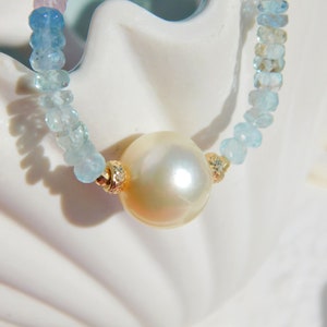 Aquamarine and Morganite with South Sea Pearl Necklace 13mm Solid 18kt/14kt Yellow Gold Saltwater Pearl AAA Gemstone and Pearl image 4