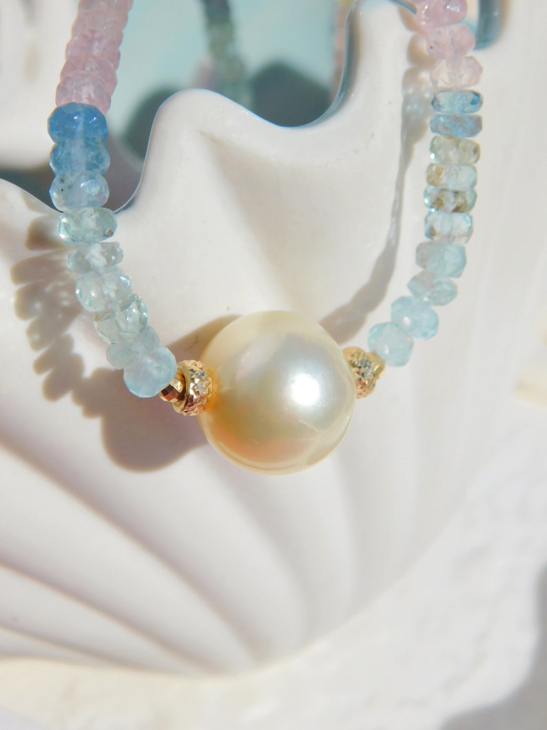 Aquamarine and Morganite with South Sea Pearl Necklace 13mm Solid 18kt/14kt Yellow Gold Saltwater Pearl AAA Gemstone and Pearl image 4