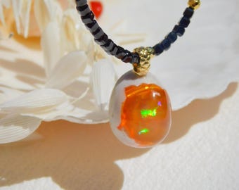 Black Spinel Fire Mexican Opal Pendant Necklace | Solid 18k Gold | Removable Pendant | 16.75 Inches | Black | AAA | Red Opal | Gemstones