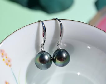 Deep Peacock Tahitian Drop Earrings : 9.6mm, Teardrop, Solid 18k White Gold, AAA, Green