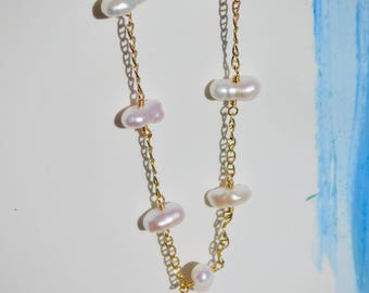 Freshwater Pearl Tin Cup Necklace | Keshi Pearls | Free Form | Super Luster | Gold Filled Link Chain | 2.4mm | AAA+ | Adjustable | Layering