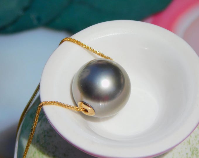 13.3mm Floating Tahitian Pearl Necklace | AAA | Gray Green | Single Pearl | Adjustable Solid 18K Gold Chain | Dainty Gold Chain | Green