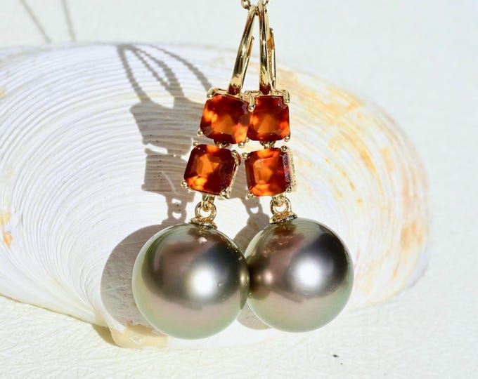 12.8mm Tahitian Pearl & Spessartine Garnet Convertible Earrings: Solid 14K Gold Lever Backs, Detachable Pearl Drop, Orange, Pistachio