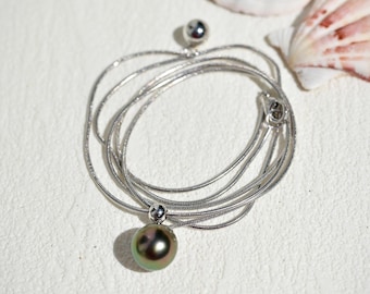 Tahitian Pearl Y Necklace: White Gold Plated Silver Snake Chain, Adjustable, 9.2mm, Peacock