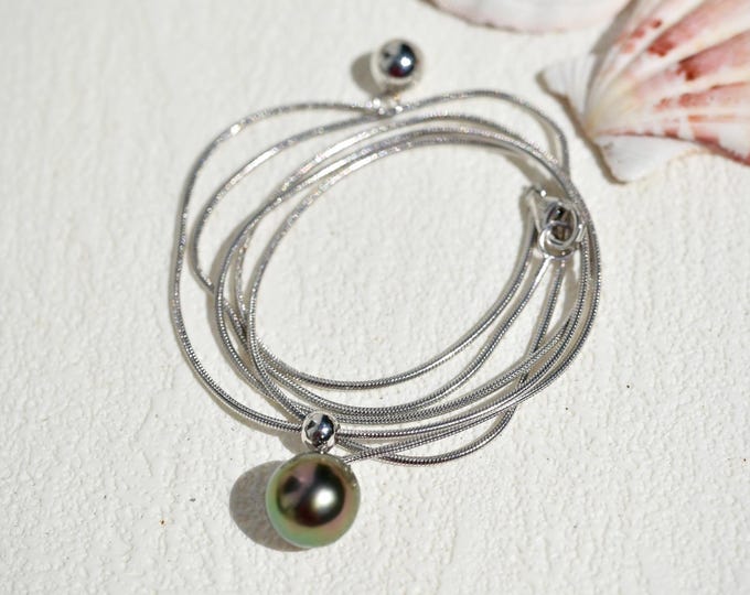 Tahitian Pearl Y Necklace: White Gold Plated Silver Snake Chain, Adjustable, 9.2mm, Peacock