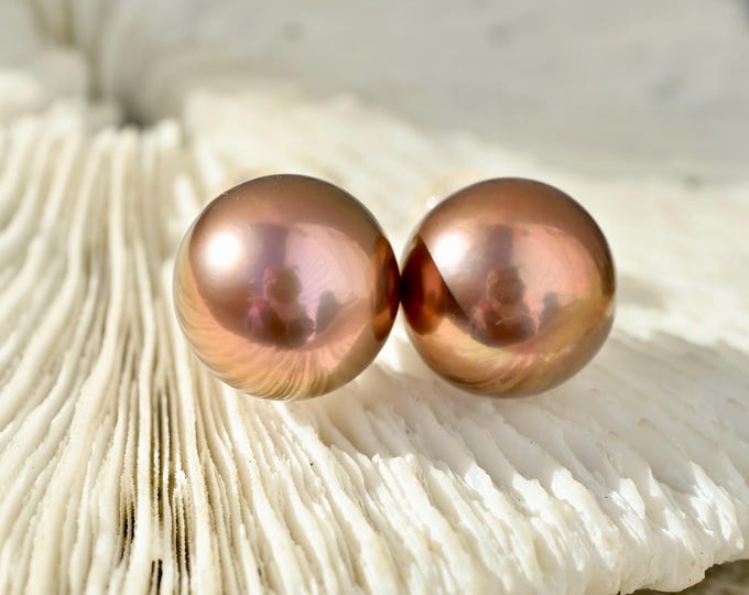 Freshwater Pearl Studs: Solid 18K Gold, 11.3mm, AAA+, Copper Bronze, Super Metallic Luster