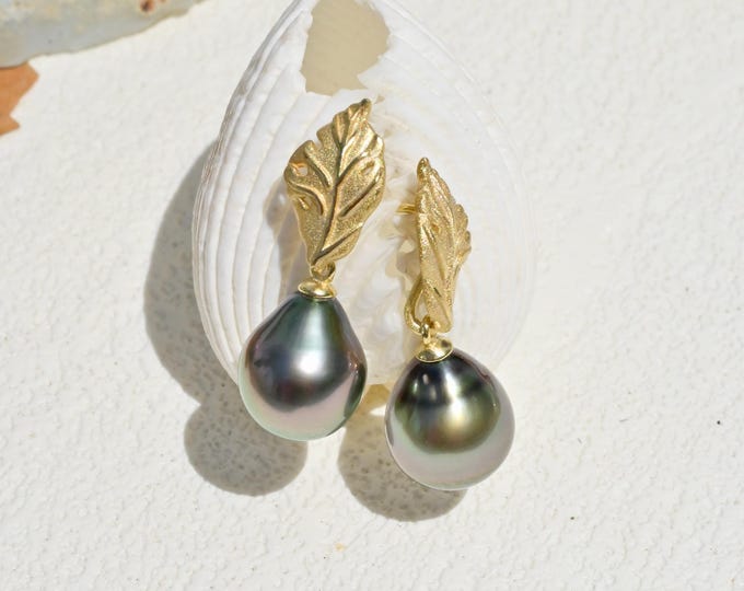 Tahitian Pearl Leaf Earrings: Gold Plated Silver, 10mm, AAA, Peacock