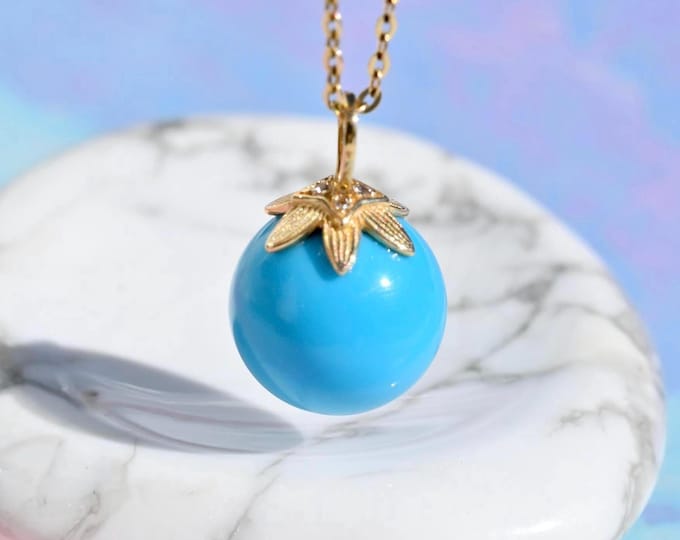 Sky Blue Turquoise Pendant: Round, 10.2mm, Solid 18K Gold Flower Cap Bail, Authentic Intense Blue