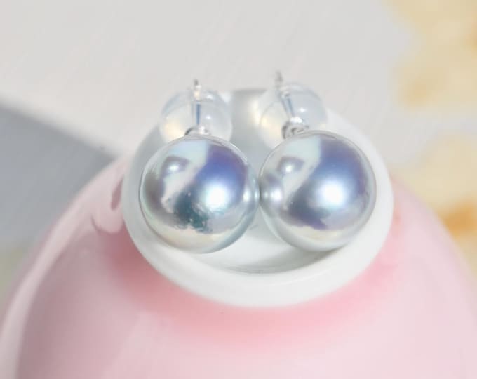 8.8mm Pastel Blue Akoya Pearl Studs: Solid 18K White Gold,  Japanese Saltwater Pearls