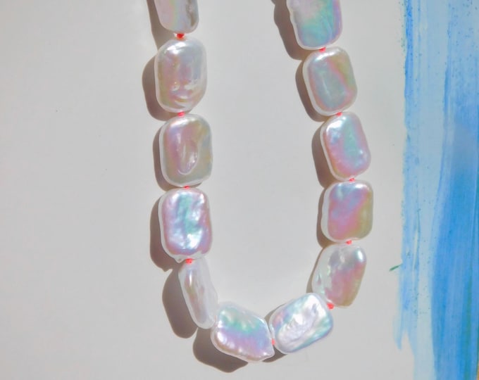 Ultimate Luster Square Freshwater Pearl Necklace |  Beyond AAA | 13*18mm | Solid 18k Yellow Gold Clasp | White | Rainbow Pearls | Hot Pink