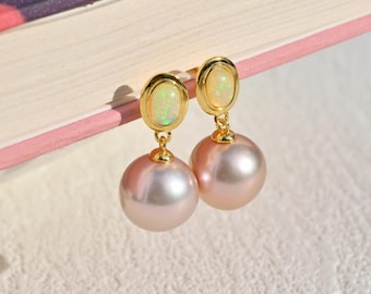 Vermeil Opal & Pearl Earrings: Gold Plated Sterling, AAA, 11.7mm Pink Freshwater Pearls