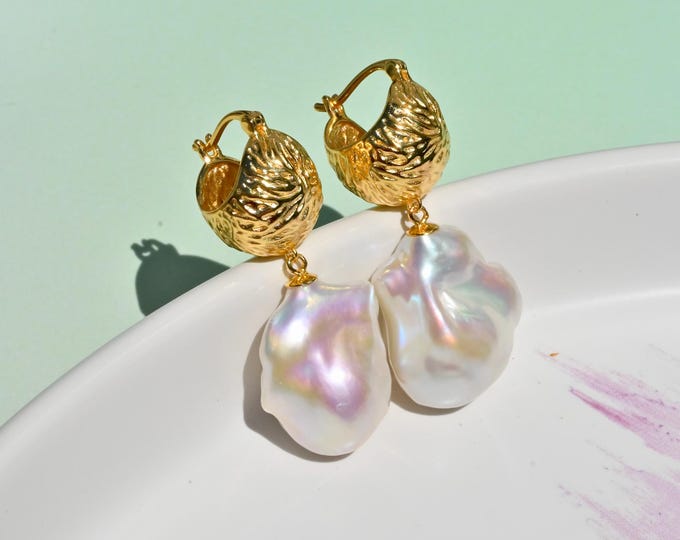 Large Baroque Pearl Vermeil Hoop Earrings: Statement Dangle Earrings, AAA, Statement