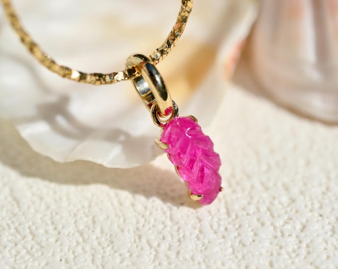 Natural Ruby Pendant: Solid 14K Gold, Carved Leaf, Enhancer Bail, Hot Pink, Burma Ruby 1.6ct