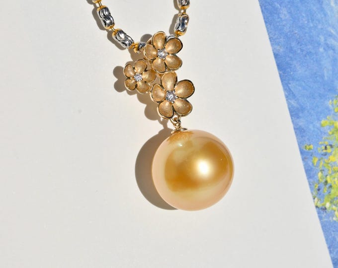 13.2mm Deep Golden South Sea Pendant: Solid 14K Gold Cherry Blossom Bail, AAA+, Saltwater Pearl