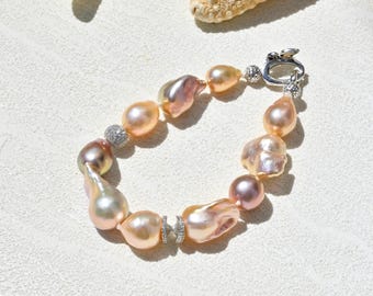 Pink Baroque Freshwater Pearl Bracelet: Sterling Silver, Mother-of-pearl Butterfly Clasp, Colorful Statement Bracelet, 7 Inch Wrist