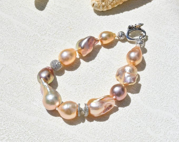 Pink Baroque Freshwater Pearl Bracelet: Sterling Silver, Mother-of-pearl Butterfly Clasp, Colorful Statement Bracelet, 7 Inch Wrist