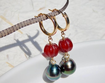 Tahitian Pearls Carved Red Agate Earrings | Gold Filled Hoops | Peacock | Tahitian Pearls | 11mm | AAA | Red | Gemstone and Pearls | Hoops