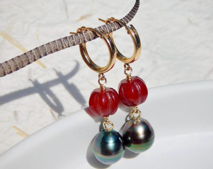 Tahitian Pearls Carved Red Agate Earrings | Gold Filled Hoops | Peacock | Tahitian Pearls | 11mm | AAA | Red | Gemstone and Pearls | Hoops
