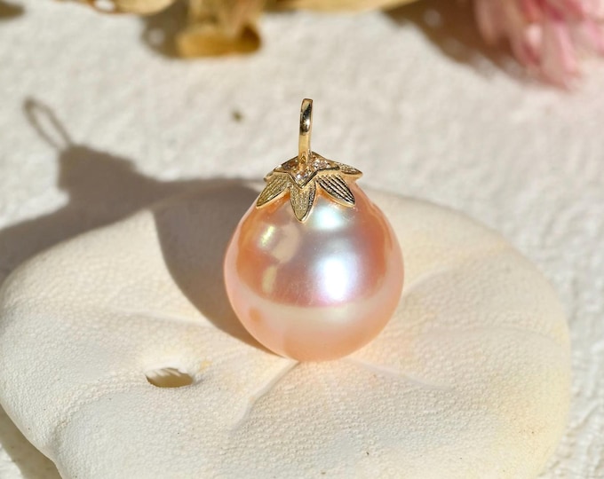Coral Pink Pearl Pendant: Solid 18K Gold Flower Bail, AAA+, Super Luster, 12.2mm