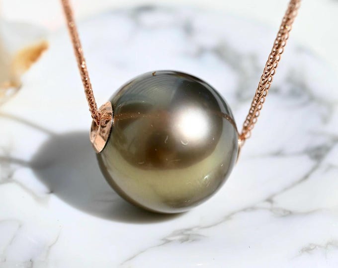 12.5mm Floating Tahitian Pearl Necklace: Copper Gray, Adjustable Solid 18k Rose Gold Pin-end Chain, AAA