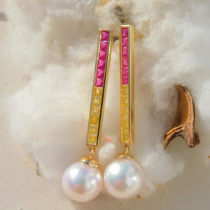 Vermeil Colorful CZ with Japanese Akoya Pearl Earrings AAA 9.2mm Drop Earrings Japanese Saltwater Pearls Hot Pink Yellow image 10