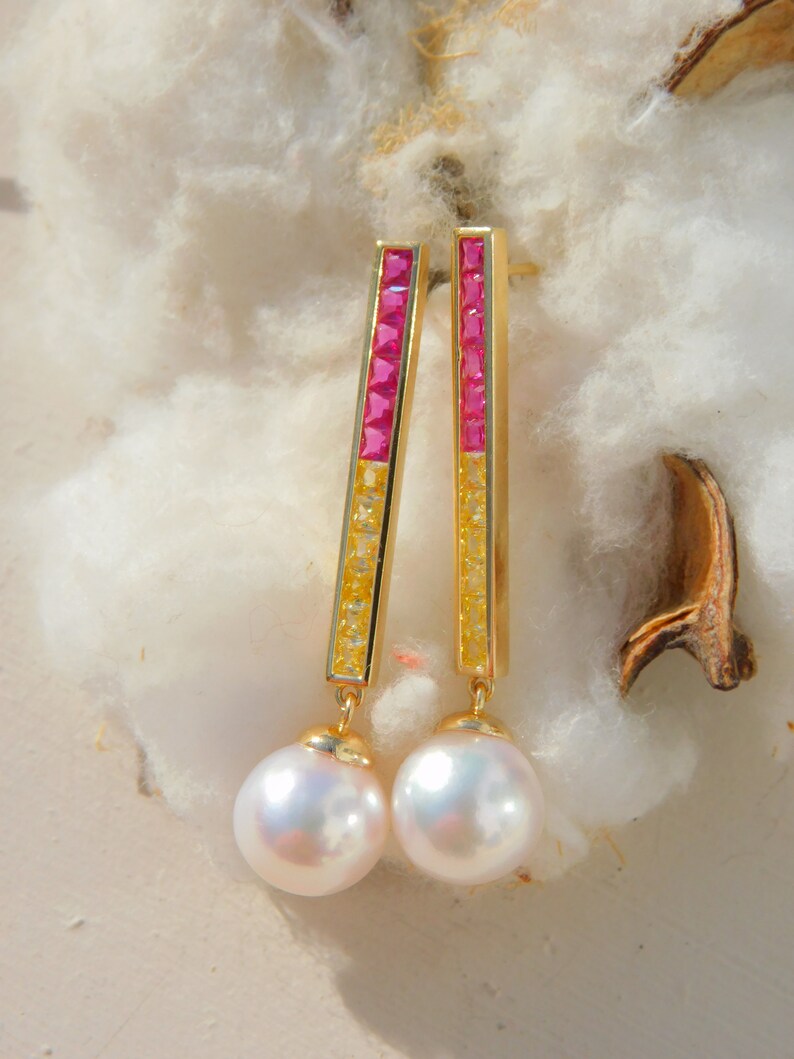 Vermeil Colorful CZ with Japanese Akoya Pearl Earrings AAA 9.2mm Drop Earrings Japanese Saltwater Pearls Hot Pink Yellow image 10