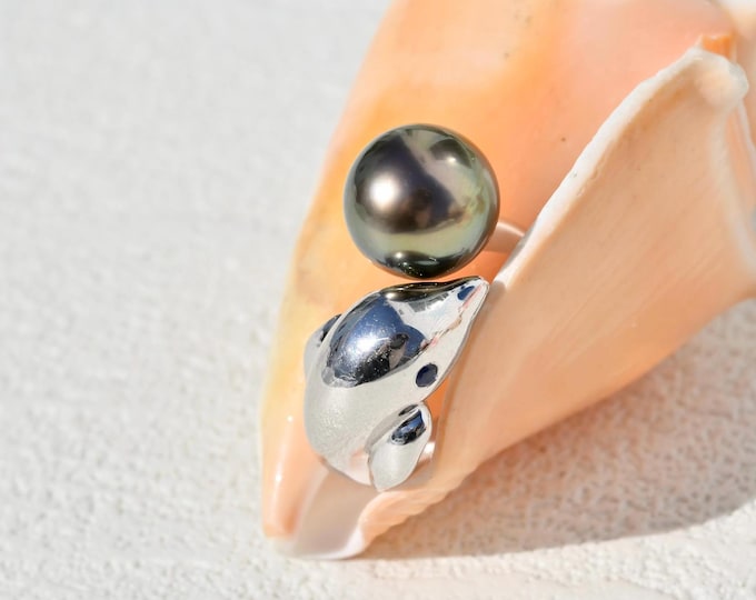 Sterling Silver Dolphin Ring: Tahitian Pearl, Open Ring, 10mm, Green Black, AAA