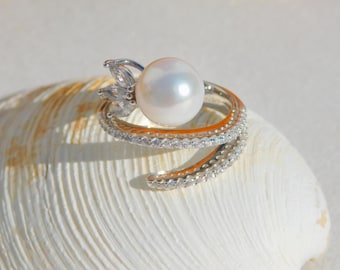 10mm White Freshwater Pearl Ring | AAA | Round | Size 8 US | White Gold Plated Sterling Silver | CZ Ring | Pearl Ring | Layered Ring