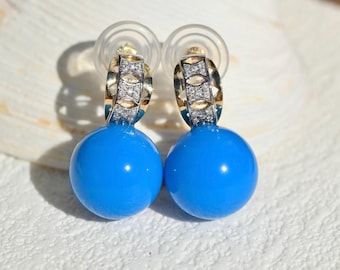 Cobalt Blue Turquoise Drop Earrings: Solid 18K Yellow and White Gold, AAA+,  Undyed, Authentic Blue Turquoise, Au750
