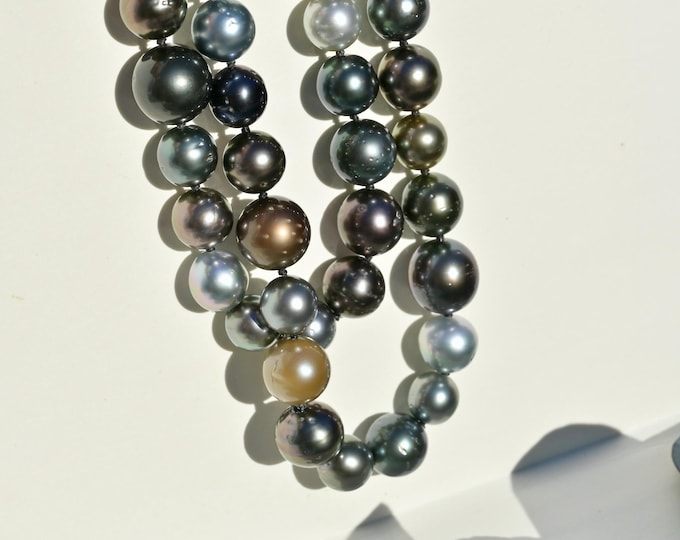 27 Inches Black Tahitian Pearl Necklace: Multi-color, No Clasp, Long Necklace, 8-11.6mm
