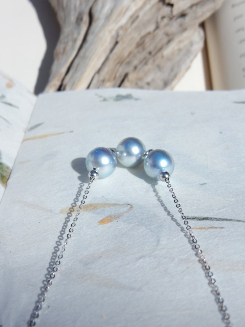 Ready to Ship Dainty Saltwater Pearls 9mm Three Akoya Blue Pearl 18k White Gold Chain Necklace Floating Pearls