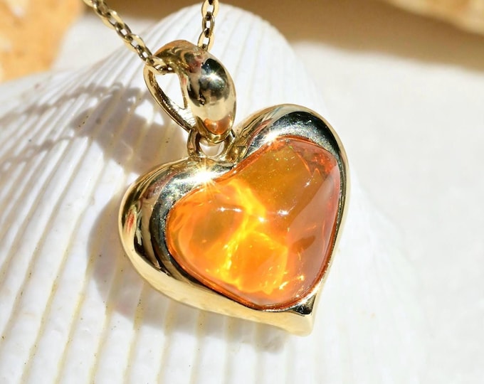 2ct Mexican Opal Heart Pendant: Solid 9K Gold, Orange Fire Opal, Romantic Gemstone Jewelry