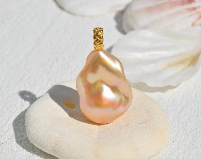 Bright Coral Gold Baroque Pearl Pendant: Solid 18K Gold Bail, Metallic, AAA+, 16mm * 23mm