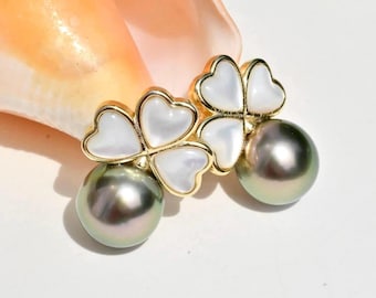 Tahitian Pearl Earrings: Vermeil Mother-of-mother Clover,  9.7mm, Heart-shaped