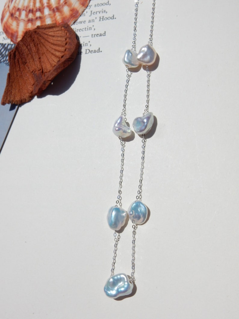 18K White Gold Chain Ready to ship Pearl Nugget Metallic Silvery White Keshi Pearl Satellite Necklace Dainty