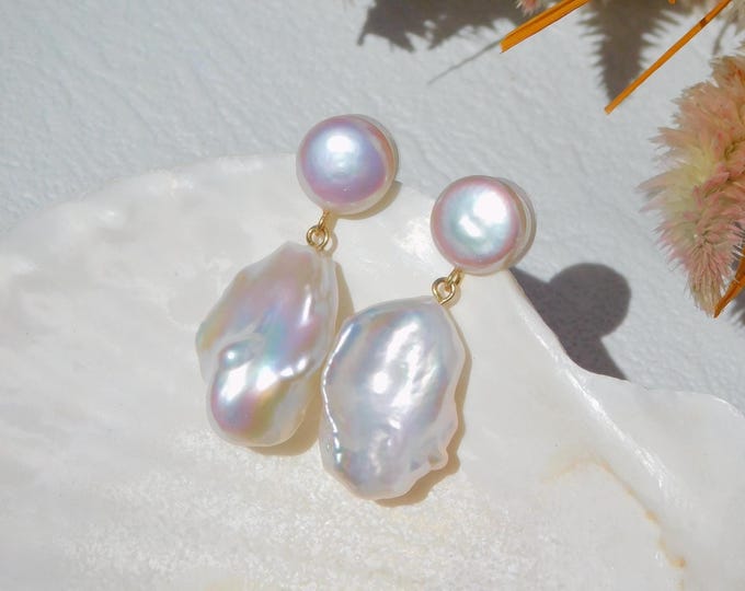 Double Pearl Earrings | Freshwater Pearls | Coin Pearls | Baroque Pearl Earrings | Solid 18k Gold | Handcrafted | White with Pink | Rainbow