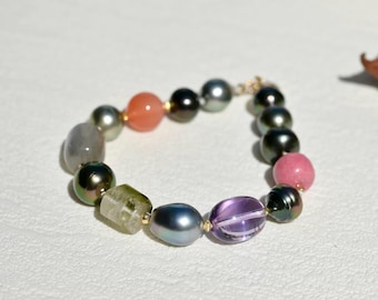 Tahitian Pearl & Gemstone Bracelet: Solid 18K Gold, AAA, Colorful, Tourmaline, Agate, Blue Moonstone, Rhodonite, For 7 Inch Wrist
