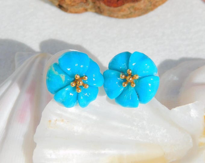 Sleeping Beauty Turquoise Flower Studs | 12mm | Solid 18kt Gold | Authentic Intense Blue Turquoise | Au750 | Gemstone | Baby Blue Eyes