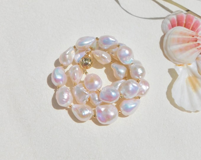 Baroque Freshwater Pearl Necklace | White with Rainbow Overtone | Very High Luster | AAA+ | Solid 9k Gold Clasp | 17 Inches | 18k Gold