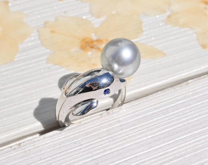 Sterling Silver Dolphin Ring: Tahitian Pearl, Open Ring, 10.2mm, Light Gray, AAA