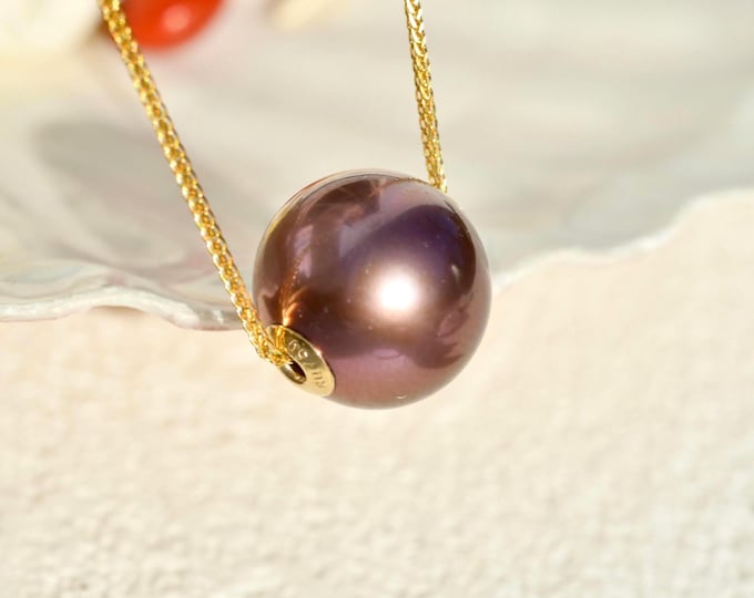 12mm Floating Pearl Necklace: Wine Red, Freshwater Pearl, Solid 18K Gold Pin-end Chain, AAA+