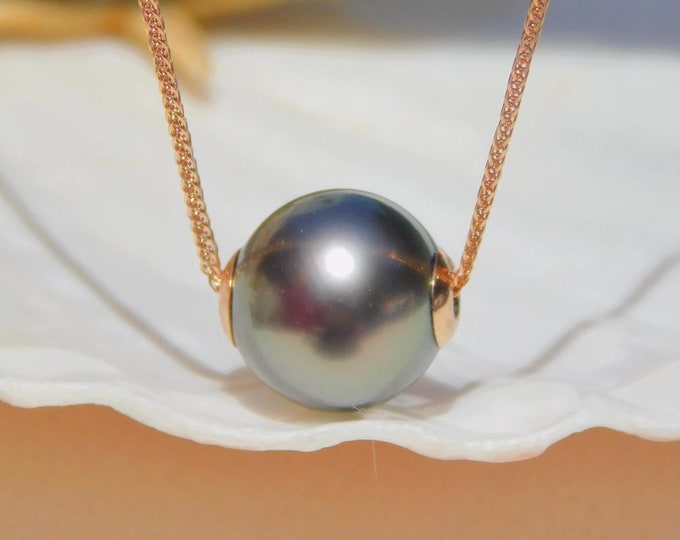 Solid 18k Rose Gold | 10.2mm Floating Tahitian Pearl Necklace | AAA | Black Green | Peacock | Dainty Chain | Adjustable Solid Chain | Au750
