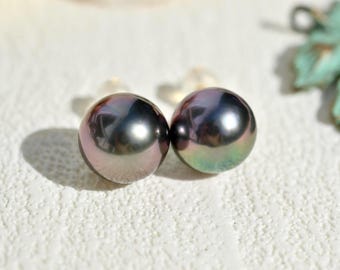 11mm Tahitian Pearl Studs: Aubergine Peacock, AAA, Near Round, Solid 18K Gold Studs