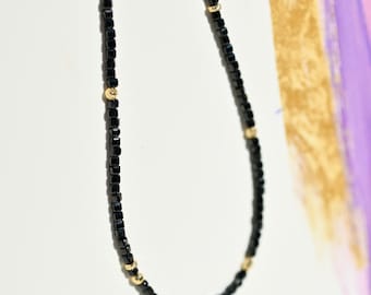 Black Spinel Necklace: Solid 18k Gold Spacers and clasp, 17 Inch, Black and Gold, Thin Gemstone Necklace