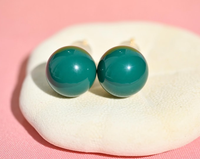 Natural Turquoise Studs: Undyed Deep Green, Solid 18K Gold, AAA+, Authentic Hubei Turquoise, 9.3mm