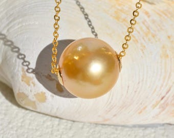 12.2mm Golden South Sea Pearl Floating Pearl Necklace: Solid 18K Gold Pin-end Chain