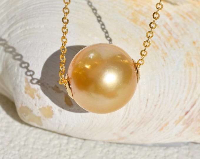 12.2mm Golden South Sea Pearl Floating Pearl Necklace: Solid 18K Gold Pin-end Chain