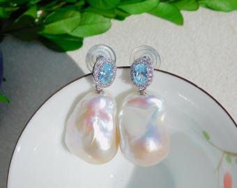 Blue CZ with Large Baroque Pearl Earrings | 17*23*15mm | Sterling Silver |  AAA+ | Statement Earrings | Fireball Pearls | Blue | White