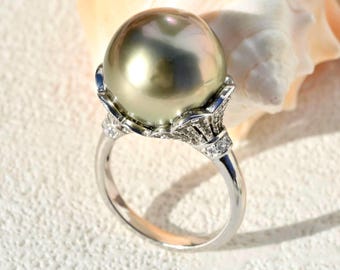 14.7mm Tahitian Pearl Sterling Silver Ring: White Gold Plated, AAA, Pistachio, 6 1/4 US Size