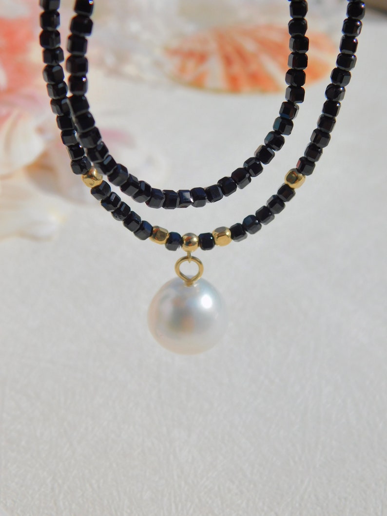 Black Spinel White South Sea Pearl Necklace 13.2mm Solid 18kt Gold White Australian Saltwater Pearl Gemstone and Pearl 17.25'' image 10